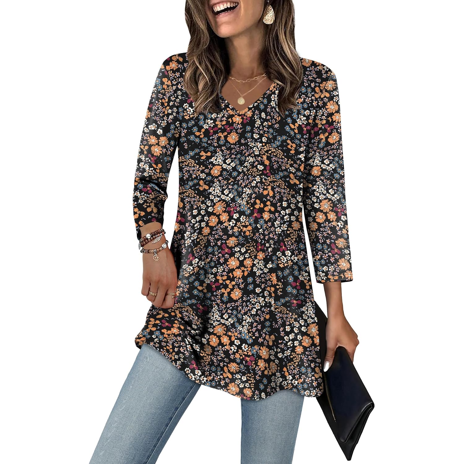 3/4 Length Sleeve Womens Tops Dressy Casual Plus Size Tunics to Wear with Leggings
