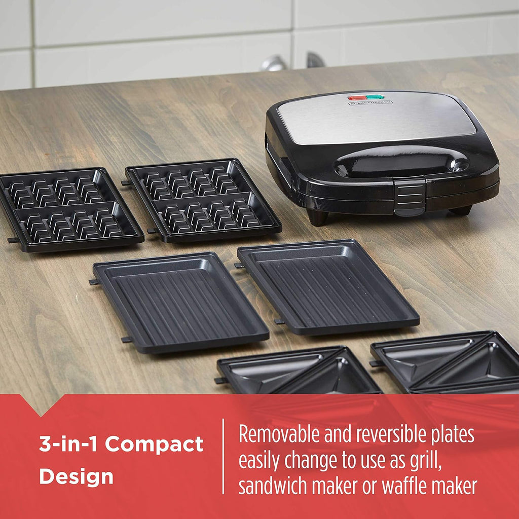 Black+Decker 3-In-1 Waffle Iron, Wm2000Sd, Grill And Sandwich Press, Non-Stick Removable Plates, Space Saving Compact Design
