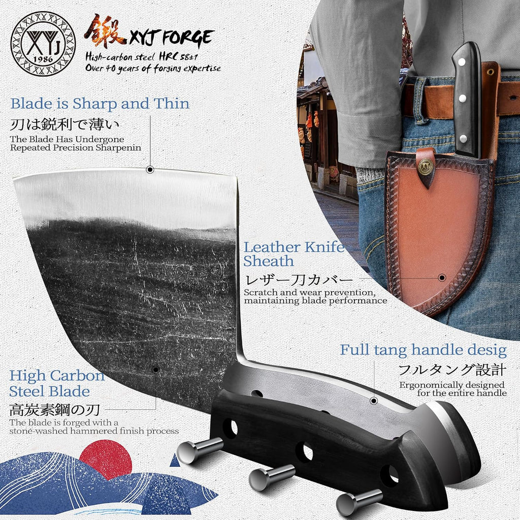 Xyj Authentic Since 1986,Outstanding Ancient Forging,6.7 Inch Full Tang,Serbian Chefs Knife,Chef Meat Cleaver,Kitchen Knives,Set With Leather Sheath,Take Carrying,Butcher