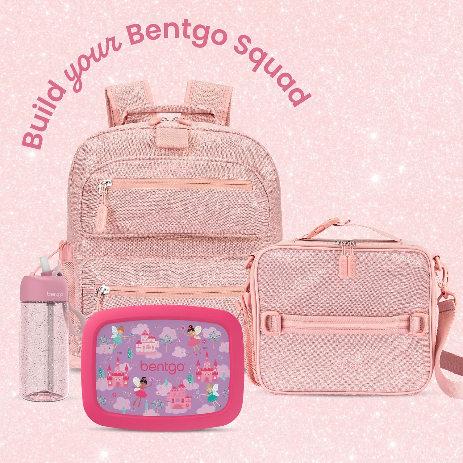 Bentgo Prints Kids Lunch Bag - Double-Insulated, Reusable, For Kids 3+, Adjustable Strap; Holds Kids Lunch Box/Water Bottle; Easy-Clean, Water-Resistant, Pockets (Glitter - Petal Pink)