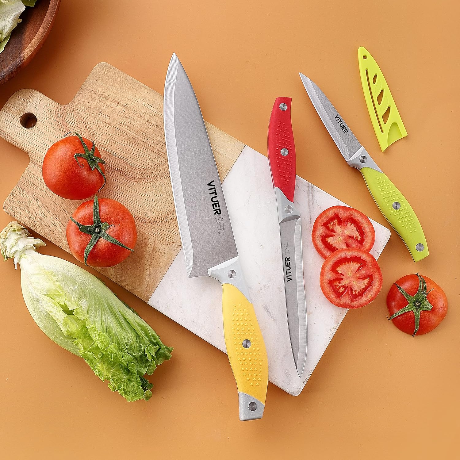 Vituer Chef Knife, 3Pcs Kitchen Knife, Multicolor Stainless Steel Sharp Chef Knife Set (3Pack, Yellow, Red, Green)