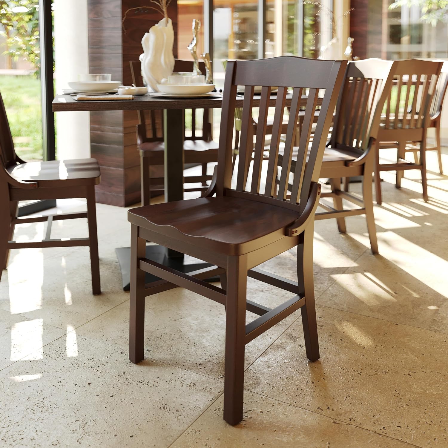 Flash Furniture Hercules Series School House Back Mahogany Wood Dining Chair, Traditional Elegant Wood Restaurant Chair, Walnut Wood