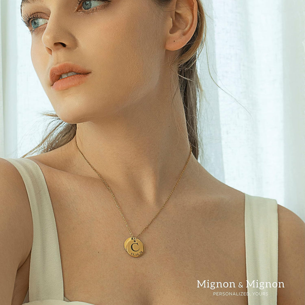 MignonandMignon Personalized Initial Necklace with Date Engraved | Gold Coin Disc Pendant for Women | Dainty Letter Necklace Gift for Mom Teen Girls Mothers Day Birthday