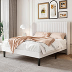 Sha Cerlin Full Size Velvet Bed Frame With Vertical Channel Tufted Wingback Headboard, Upholstered Platform Bed With Wood Slats, No Box Spring Needed, Easy Assembly, White