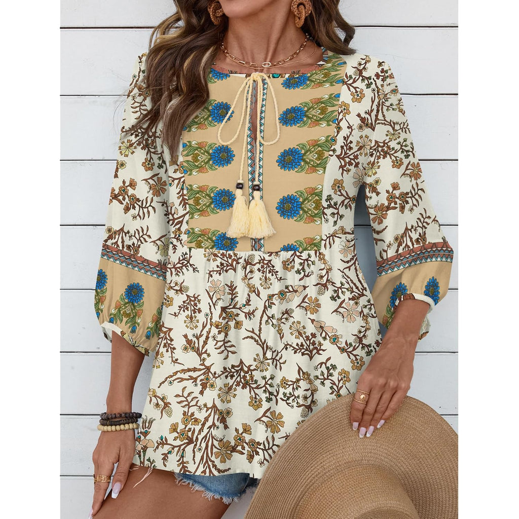 Women Summer Boho Tops 3/4 Sleeve Pleated Blouses Casual V Neck Tie Front Spring Tunic Tops