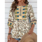 Women Summer Boho Tops 3/4 Sleeve Pleated Blouses Casual V Neck Tie Front Spring Tunic Tops