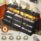 55" W Dresser For Bedroom With 9 Drawers Led Tv Stand With Power Outlets For 45, 55, 65 Inch Tv Sturdy Long Chest Of Drawers With Extra 2 Wooden Shelves Steel Frame Grain Black