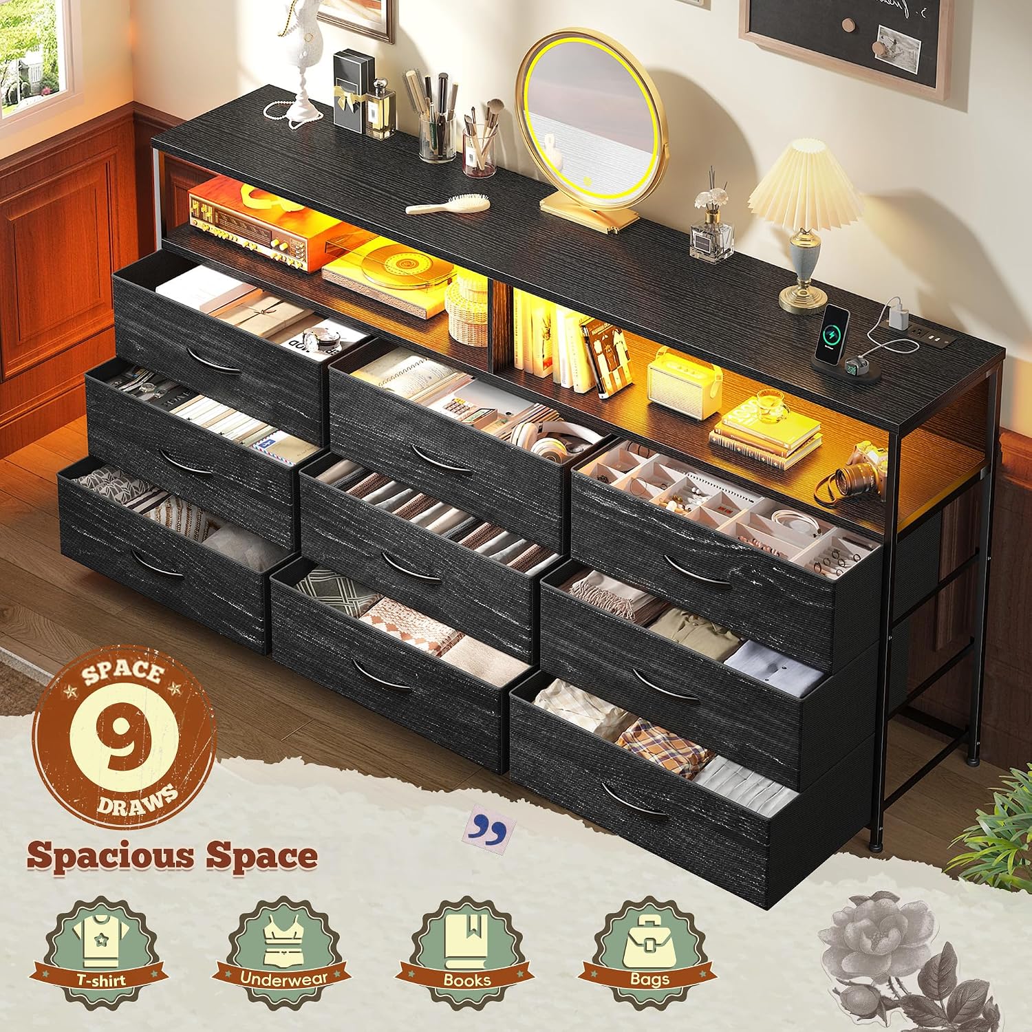 55" W Dresser For Bedroom With 9 Drawers Led Tv Stand With Power Outlets For 45, 55, 65 Inch Tv Sturdy Long Chest Of Drawers With Extra 2 Wooden Shelves Steel Frame Grain Black