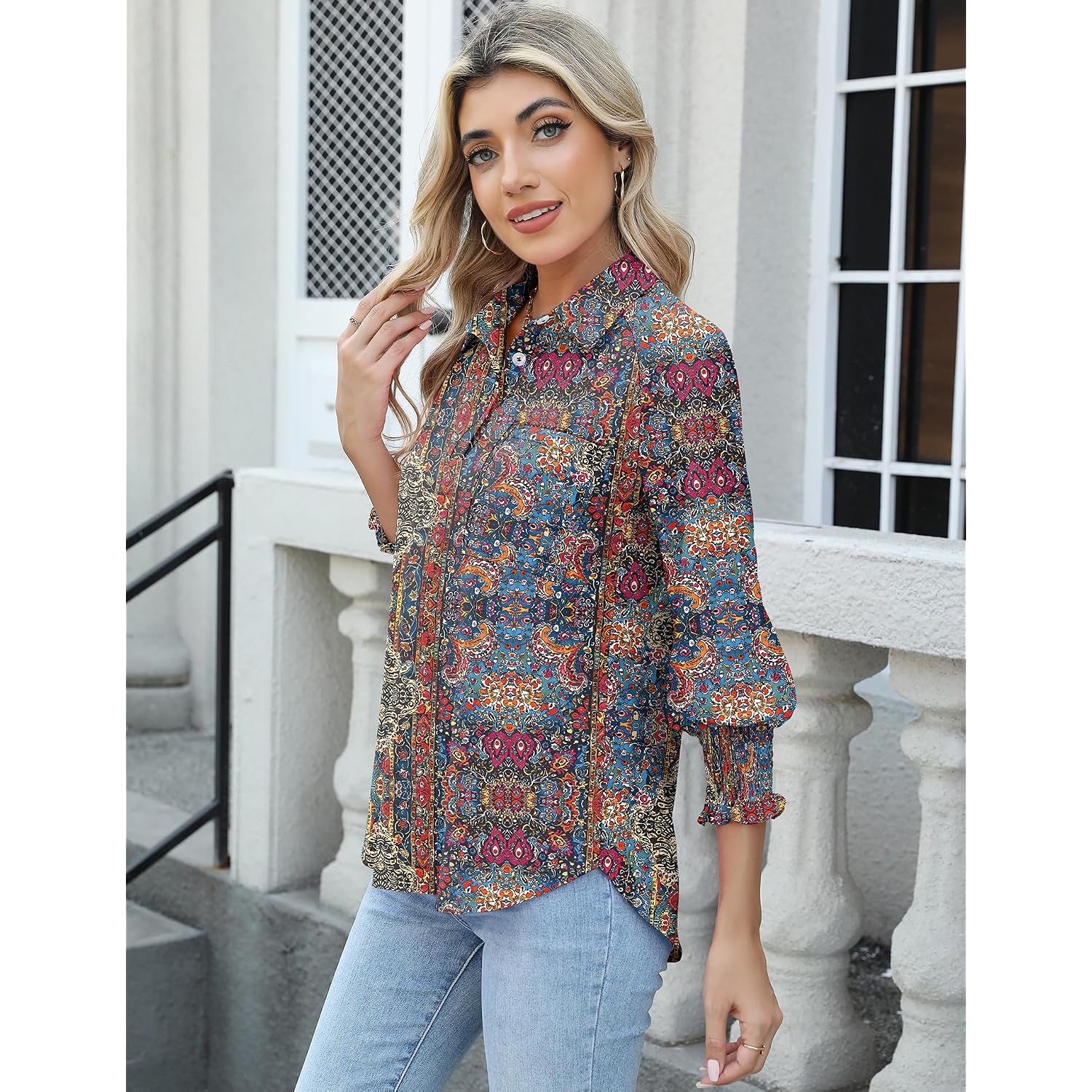 Kistore Women Blouses 3/4 Sleeve Button Down Shirts Smocked Cuffed Business Dressy Casual Tops With Pocket S-Xxl