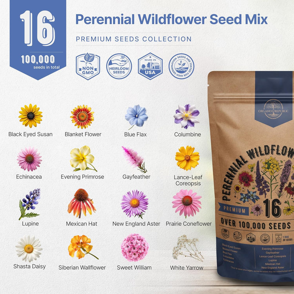16 Perennial Wildflower Seeds Mix For Indoor & Outdoors. 100,000+ Non-Gmo, Heirloom Wildflower Garden Seeds, 4Oz Packet For Growing Wild Flowers To Attract Bees, Butterflies & Birds