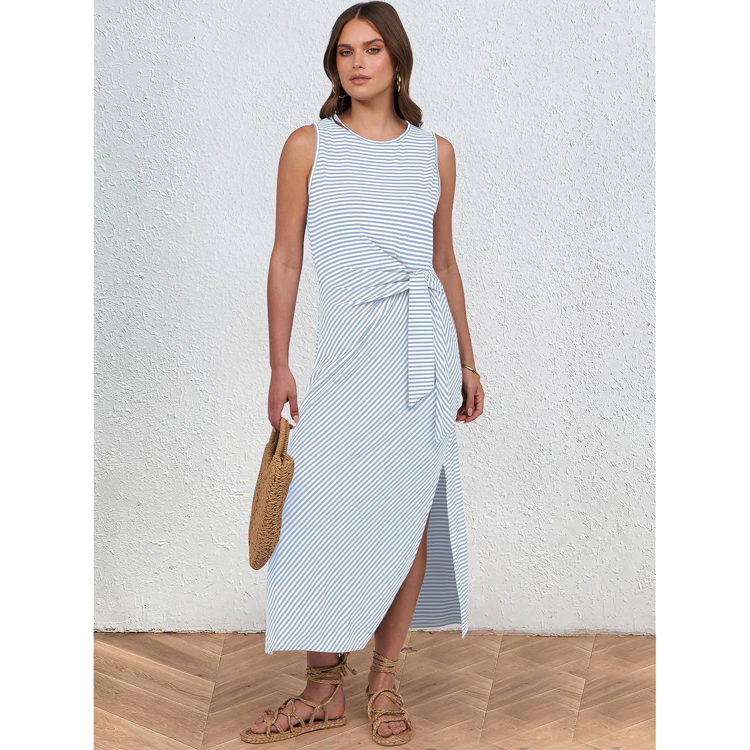 Anrabess Womens Summer Casual Sleeveless T Shirt Midi Dress Slim Fit Tie Waist Split Tank Long Dresses 2026 Vacation Sundress