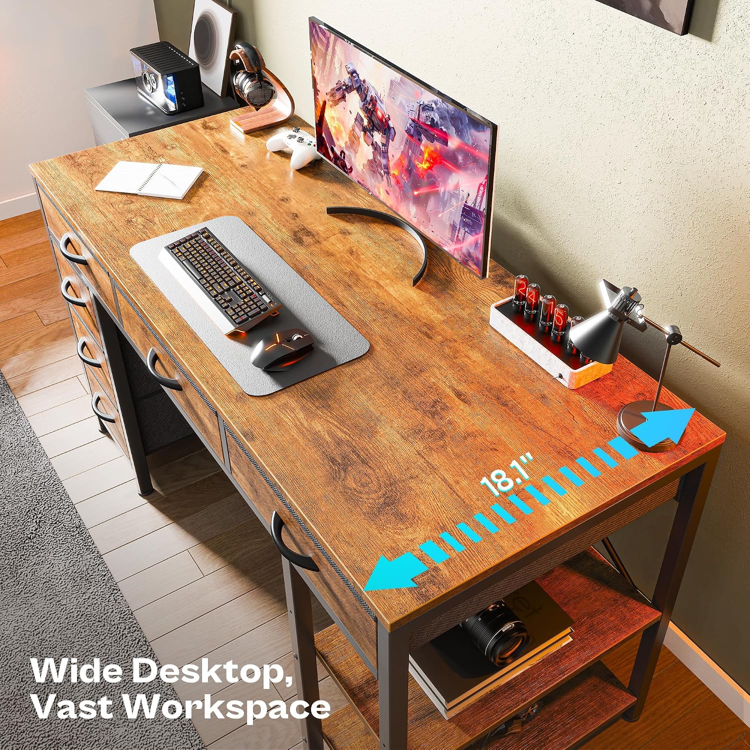 Huuger Computer Desk With 6 Drawers, Office Desk With Shelves, Reversible Gaming Desk, Corner Desk With Storage, Work For Home Office, Study, Living Room, 47Inch, Rustic Brown