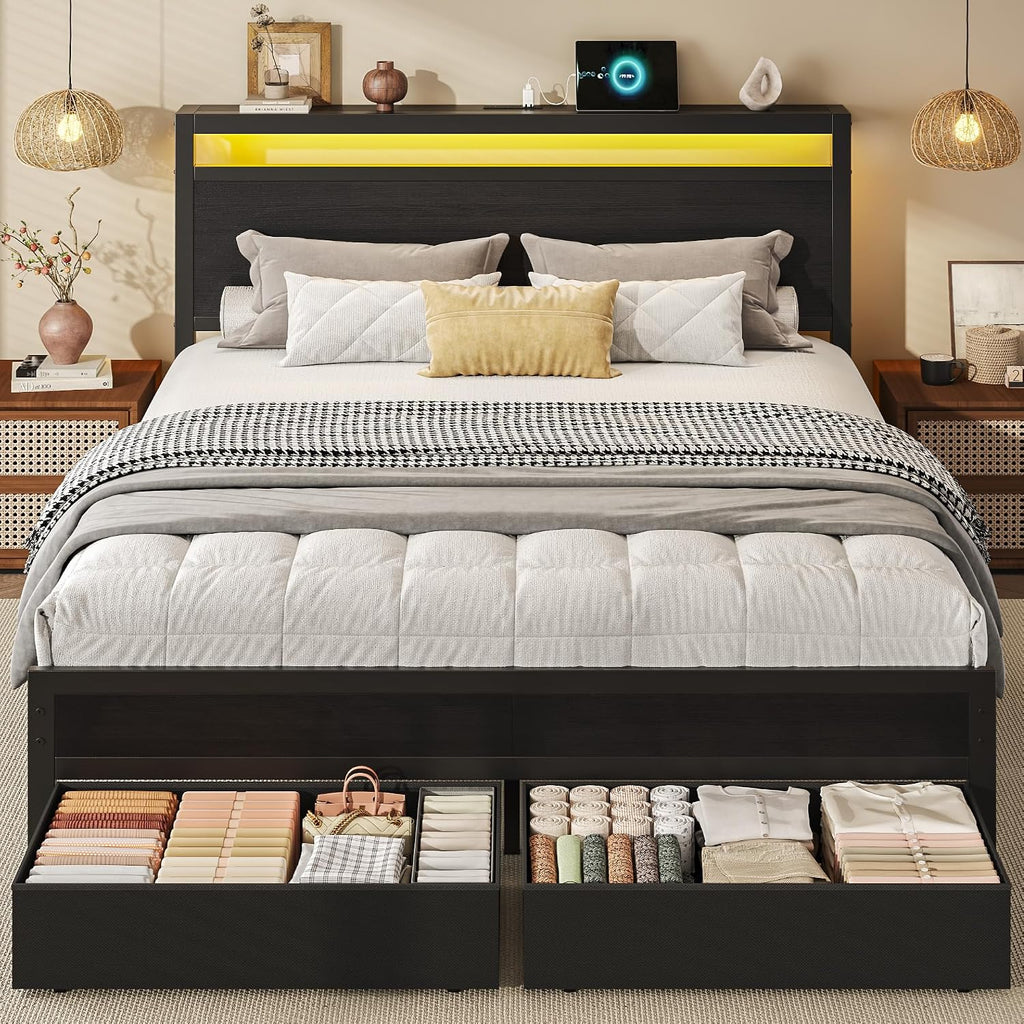 Hisoft Queen Bed Frame With Storage, Wood Headboard With Fast Charging Station, Led Lights, Platform Bed Frame Queen Size, Fabric Drawers With Wheels, No Box Spring Needed, Noise Free, Black