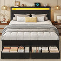 Hisoft Queen Bed Frame With Storage, Wood Headboard With Fast Charging Station, Led Lights, Platform Bed Frame Queen Size, Fabric Drawers With Wheels, No Box Spring Needed, Noise Free, Black