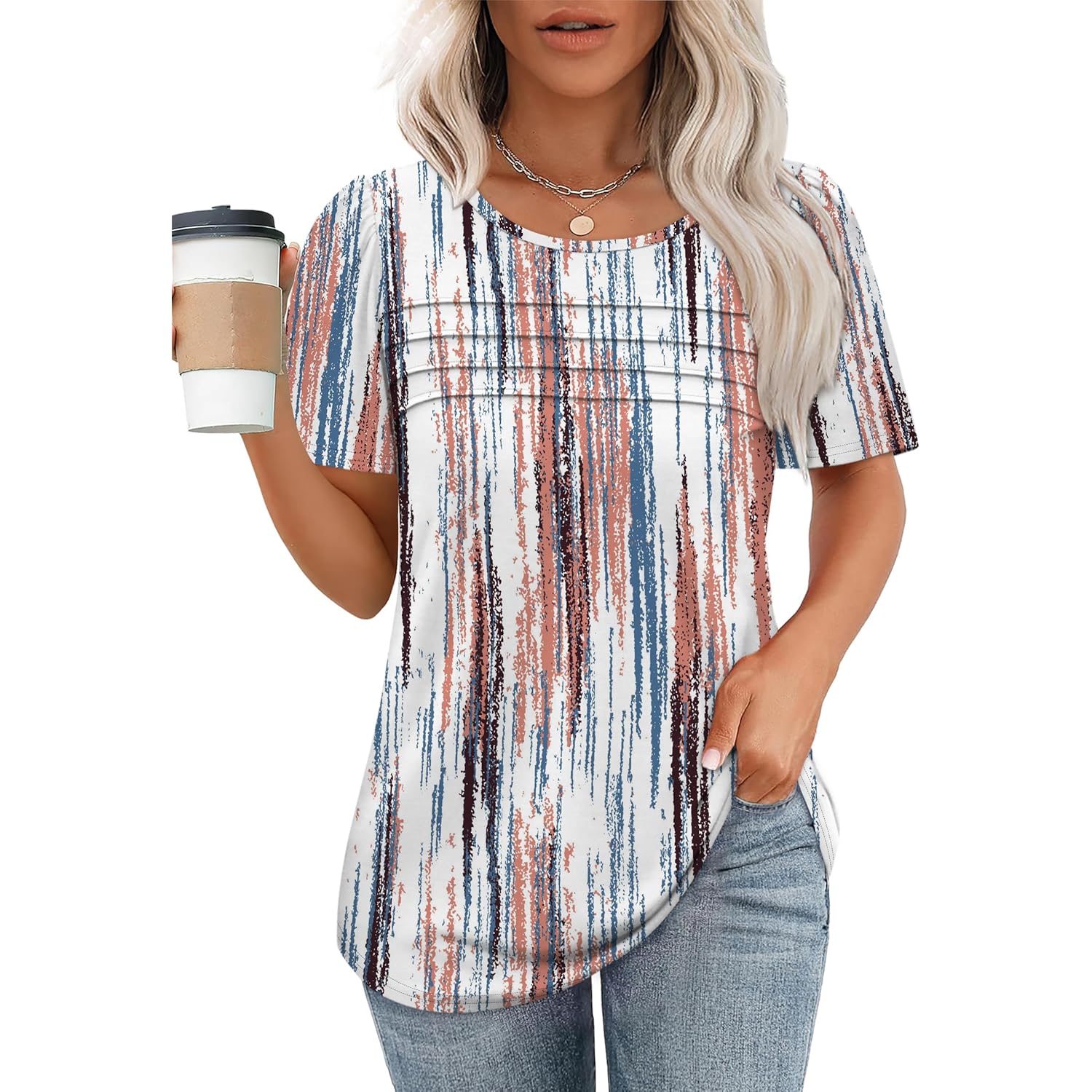 Womens T Shirts Short Sleeve Tops Dressy Casual Blouses Spring Summer Outfits Flowy Pleated Front Scooped Neck