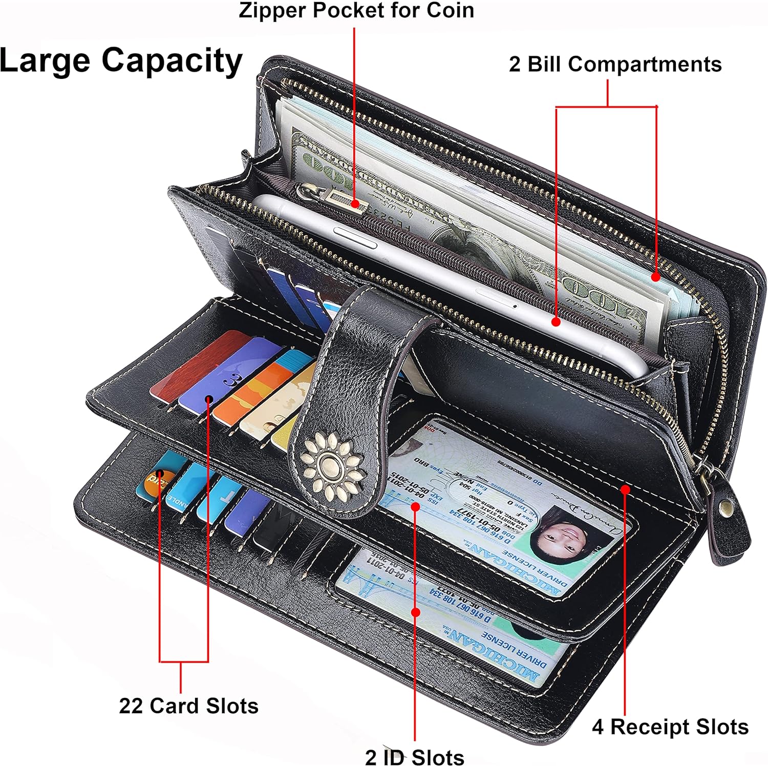 Lavemi Womens Large Capacity Genuine Leather RFID Blocking Wallets Wristlet Clutch Card Holder