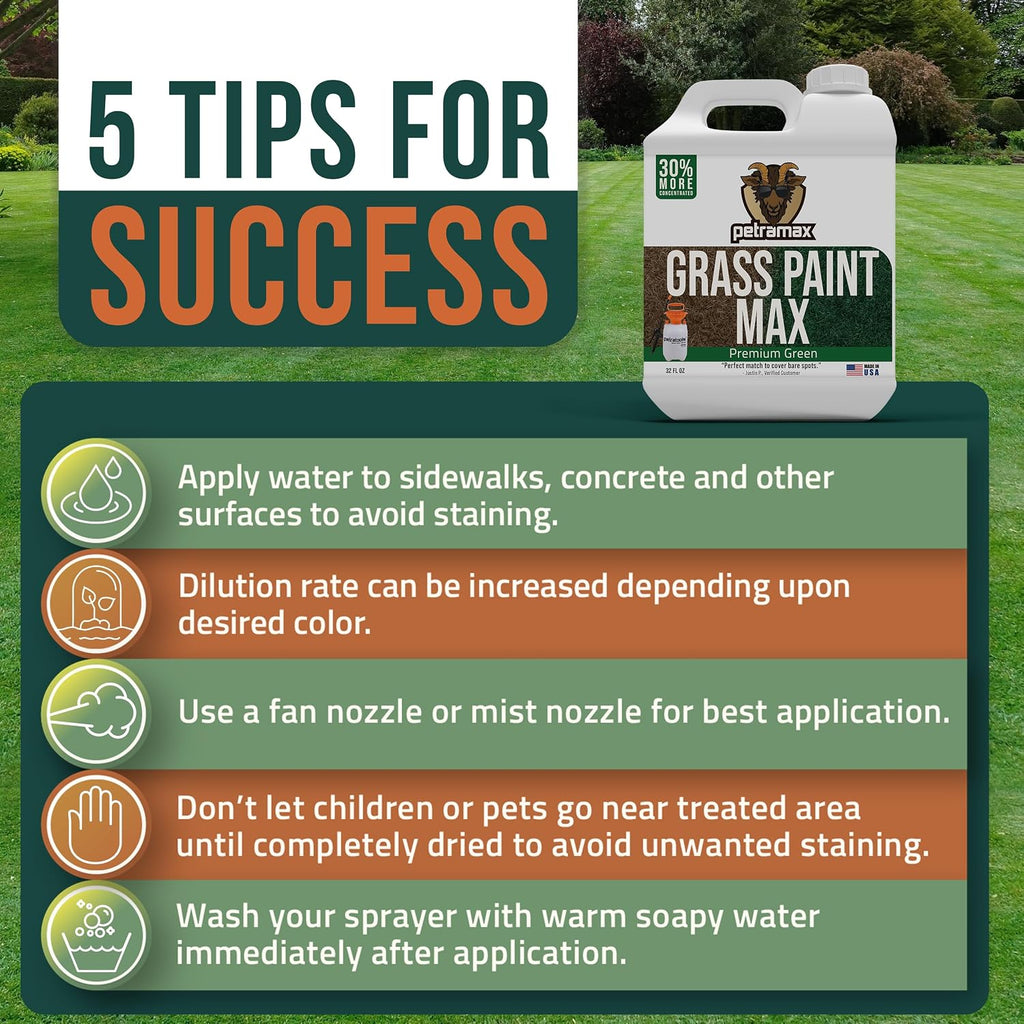 Petramax Green Grass Paint For Lawn Dye - Maintain Turf Or Green Grass, Spray Paint For Lawn & Shrubs Easy Spray, Pairs W/Petra Sprayer - Touch Up Dog Spots - Pet Safe (Premium, 32 Oz)