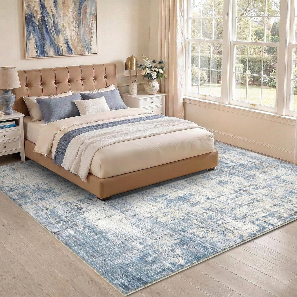 8X10 Area Rugs Washable Living Room Rug-No Slip Soft Carpets Modern Abstract Coastal Beach Indoor Floor Stain Resistant Large Carpet For Bedroom Dining Room Farmhouse Nursery Home Office Blue