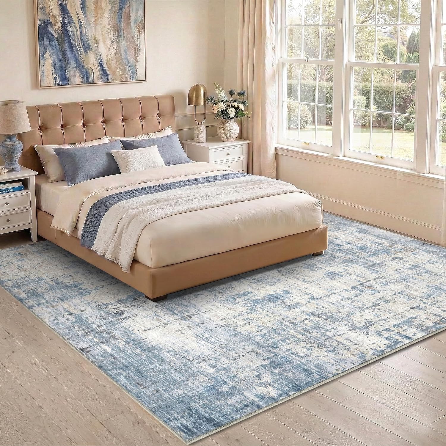 8X10 Area Rugs Washable Living Room Rug-No Slip Soft Carpets Modern Abstract Coastal Beach Indoor Floor Stain Resistant Large Carpet For Bedroom Dining Room Farmhouse Nursery Home Office Blue
