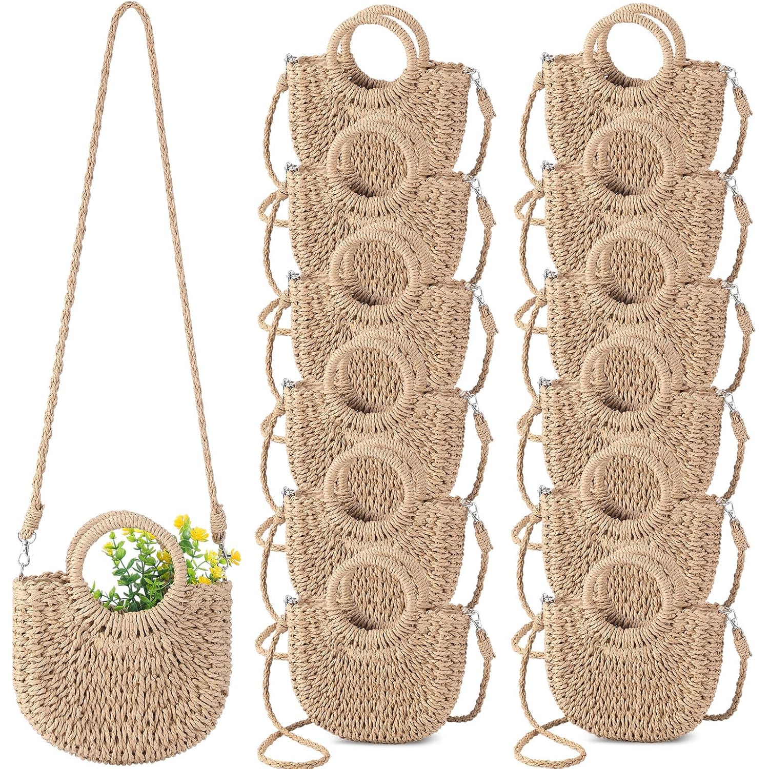 Straw Purses For Women Semi Circle Rattan Straw Purses Bulk With Handles For Women Wedding Guests Bridesmaid Gifts