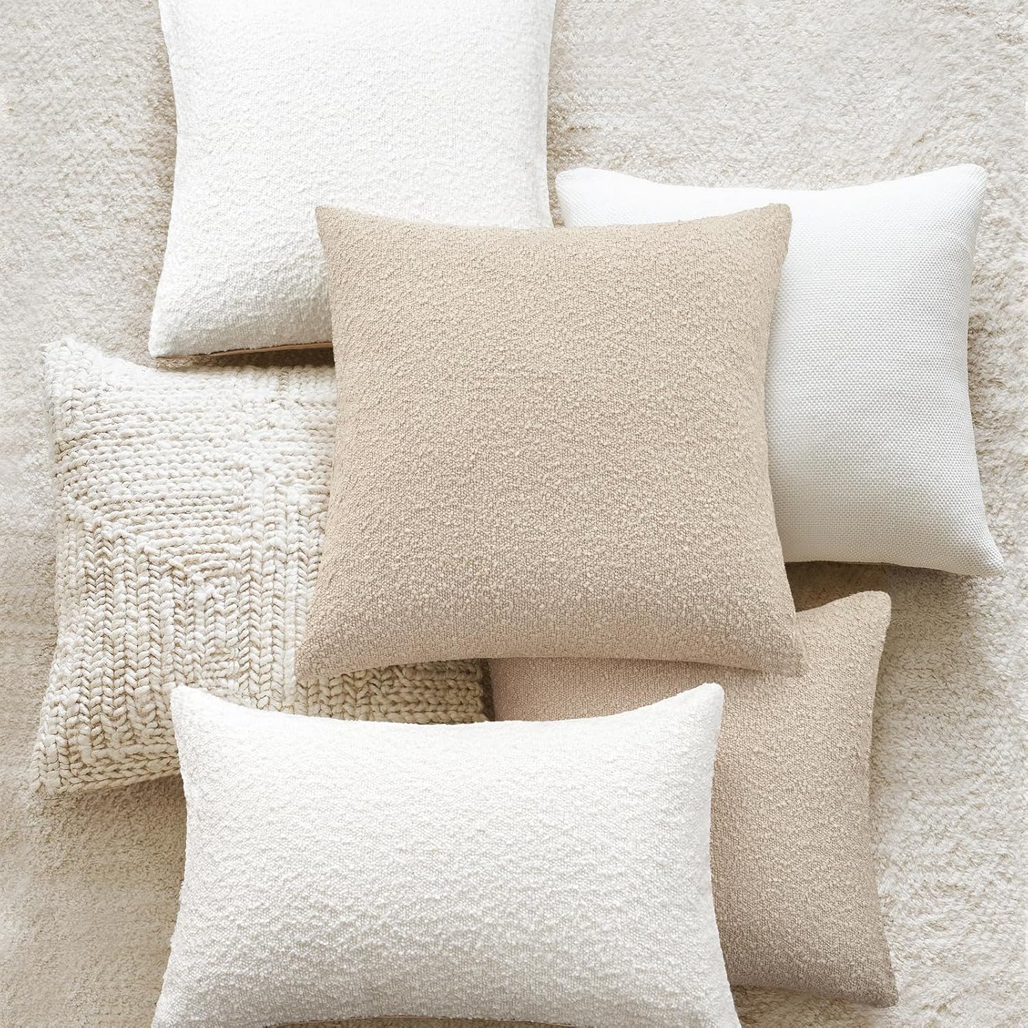Topfinel Beige White Boucle Pillow Cover Set of 4 Complete Sofa Layering Set Modern Farmhouse & Neutral Chair Sofa Couch Bedding Room Decor (12"x20"x2,18"x18",20"x20")