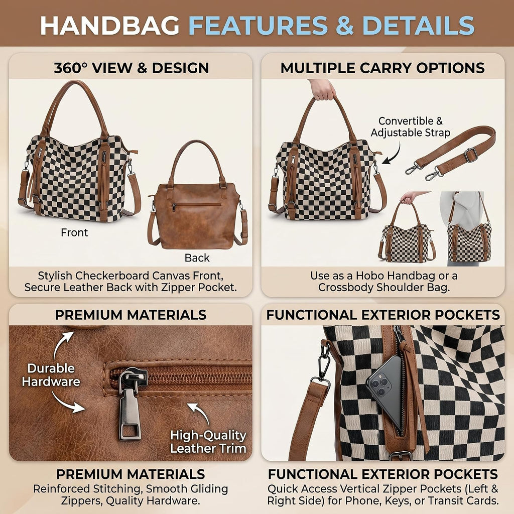 Checkered Crossbody Bag, Brown Checkered Purse, Large Capacity Shoulder Bag, Handbag With Wallet And Cherry Charm