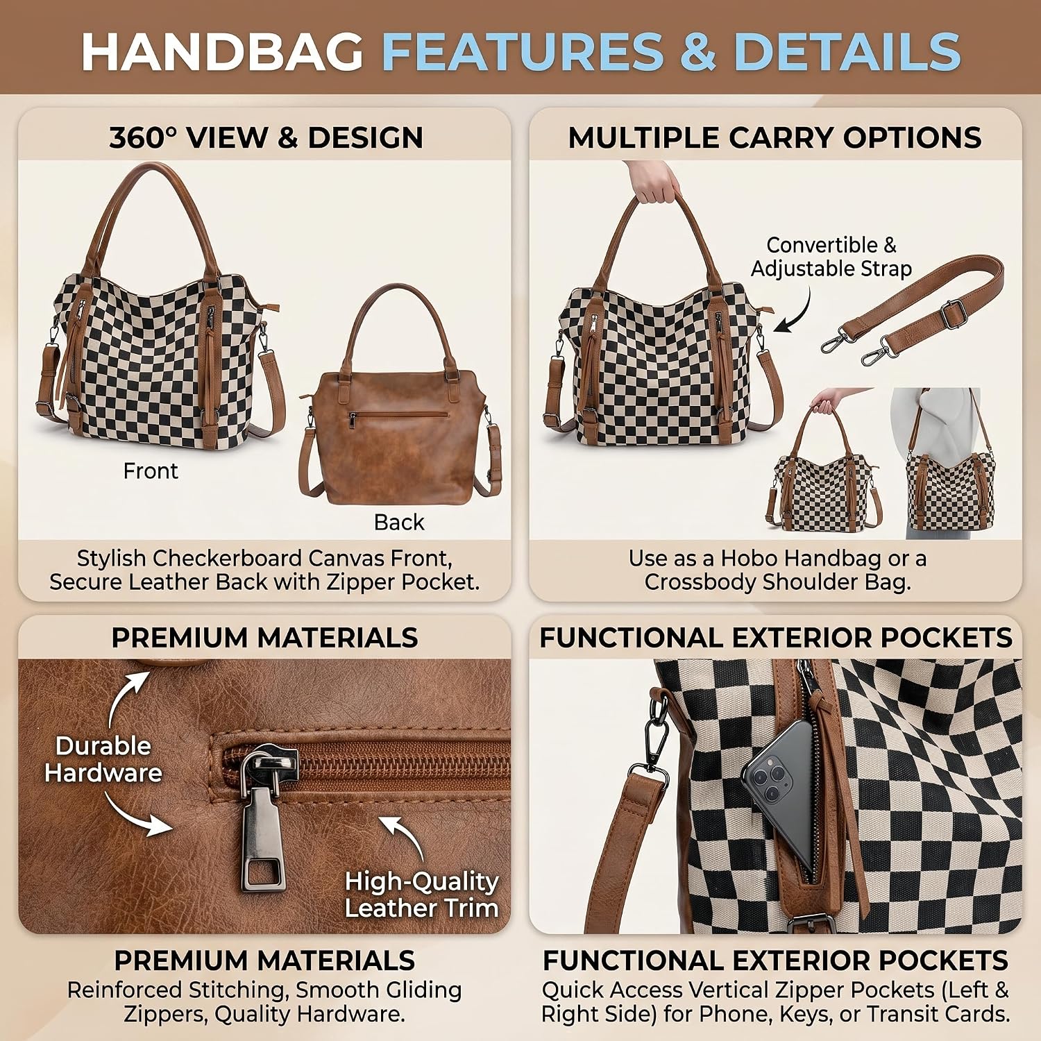 Checkered Crossbody Bag, Brown Checkered Purse, Large Capacity Shoulder Bag, Handbag With Wallet And Cherry Charm