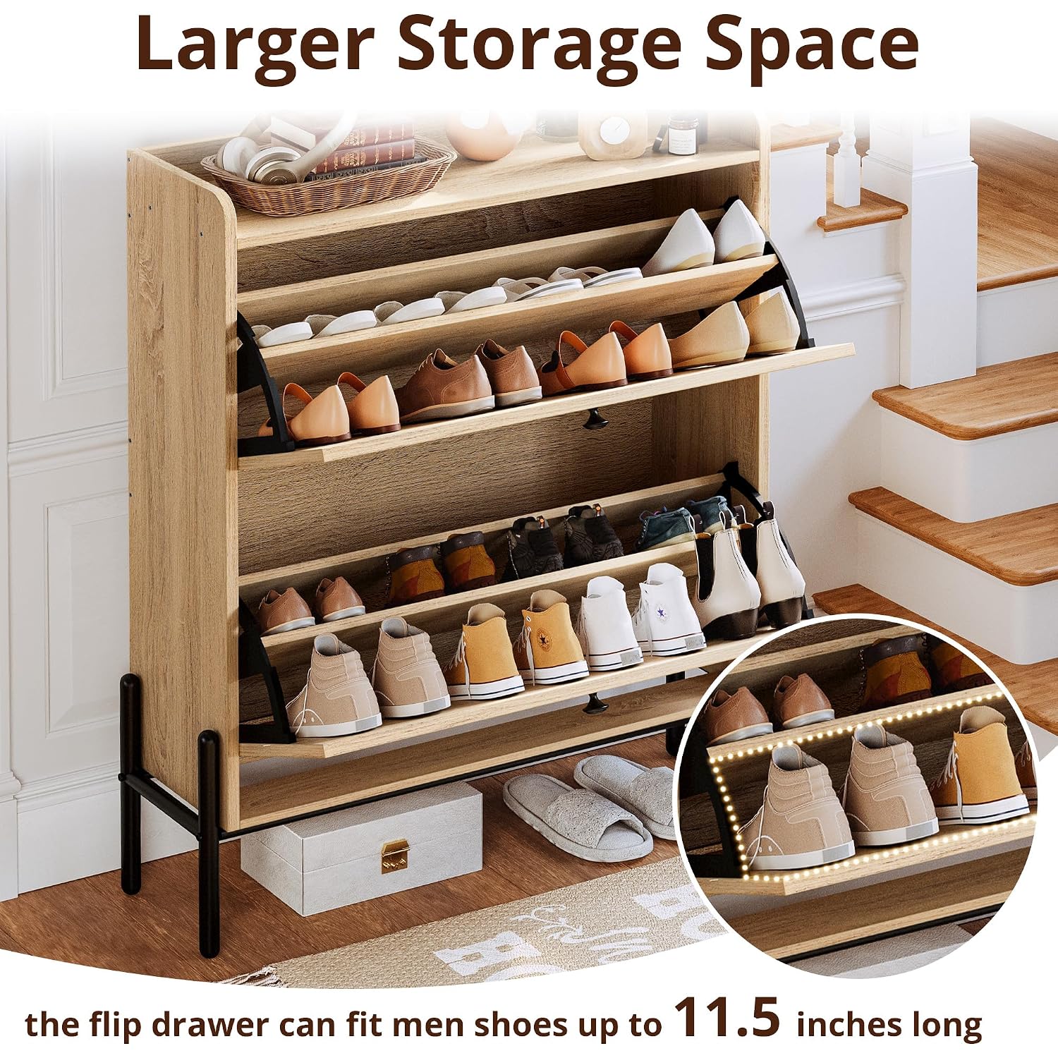 Ironck Shoe Cabinet Storage With 2 Flip Drawers, Free Standing Wooden Shoe Storage Organizer Cabinet With Rattan Doors For Entryway, Narrow Shoe Rack Cabinet, Oak