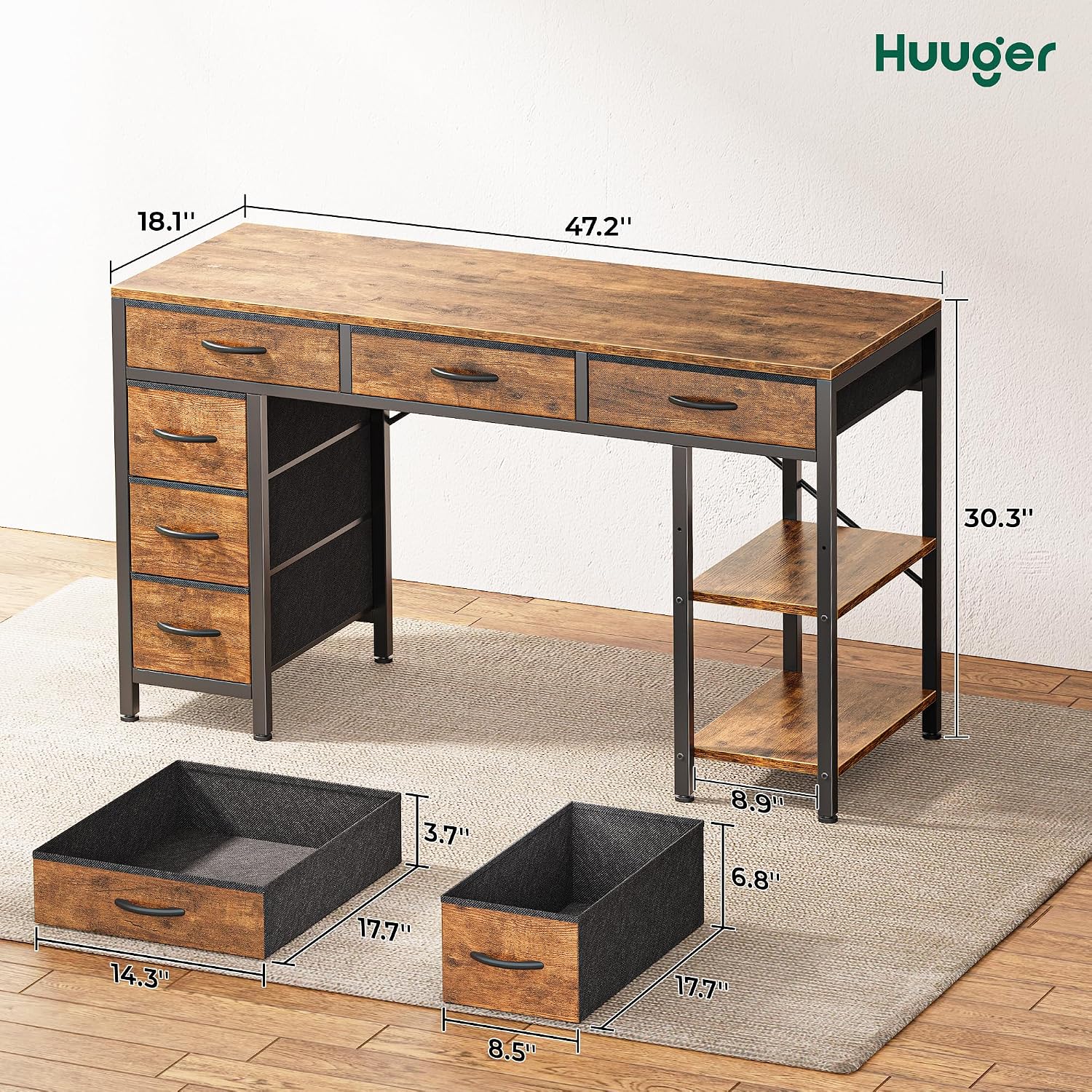 Huuger Computer Desk With 6 Drawers, Office Desk With Shelves, Reversible Gaming Desk, Corner Desk With Storage, Work For Home Office, Study, Living Room, 47Inch, Rustic Brown
