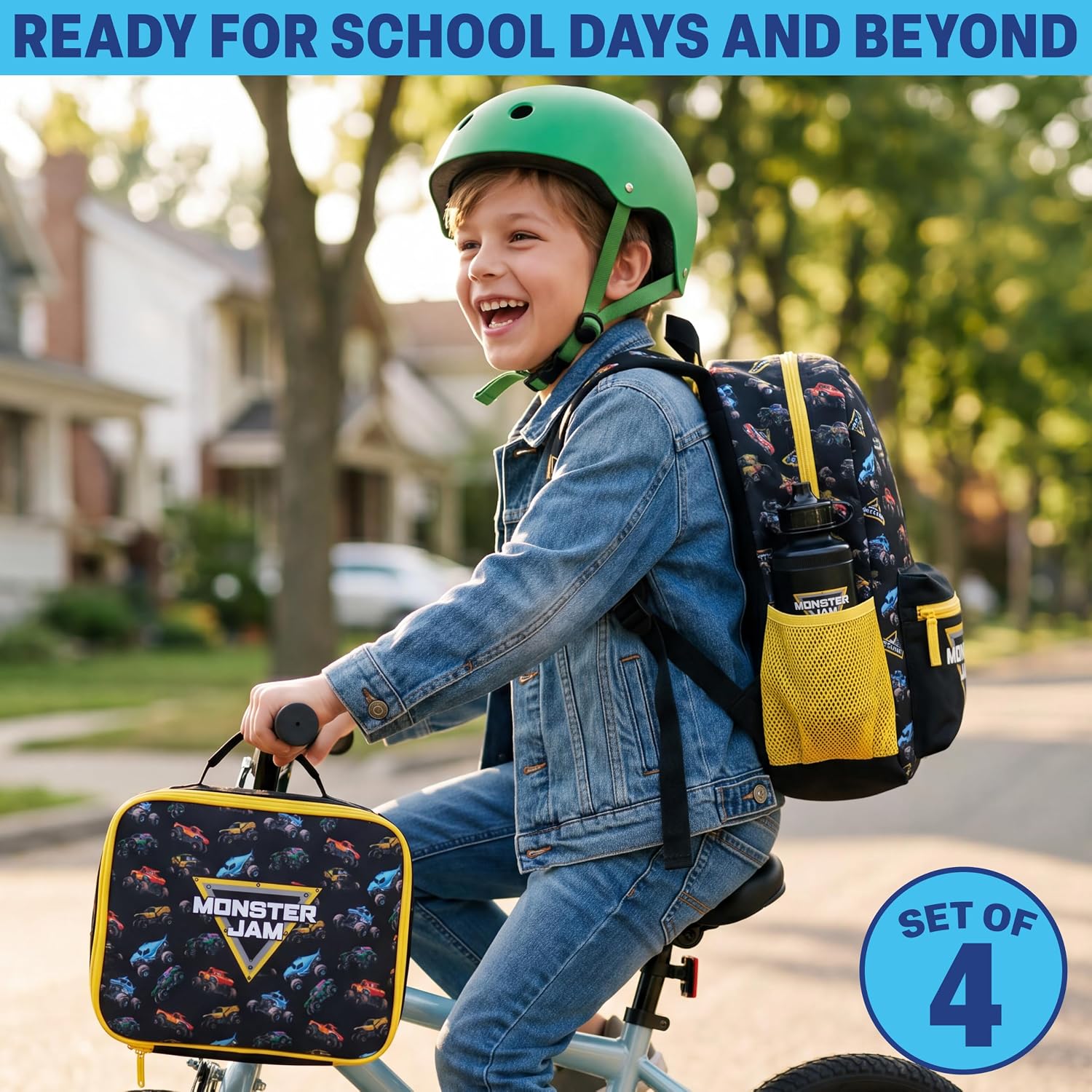 Get Trend Monster Jam Boys Backpack 4 Piece Set | 18 Inch Bookbag With Insulated Lunch Bag, Zipped Pencil Case & Bpa-Free Water Bottle, Back To School Gifts For Kids