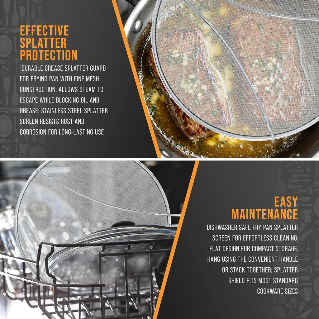 U.S. Kitchen Supply 3-Piece Stainless Steel Splatter Guard Set (13", 11.5", 9.5") Fine Mesh Cover, Grease & Oil, Splatter Screen For Frying Pan, Cooking Pots, With Resting Feet & Comfort Grip Handles