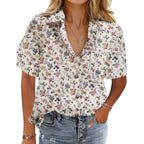Cotton Linen Button Down Shirt for Women V Neck Collared Blouse Casual Short Sleeve Tops with Pocket
