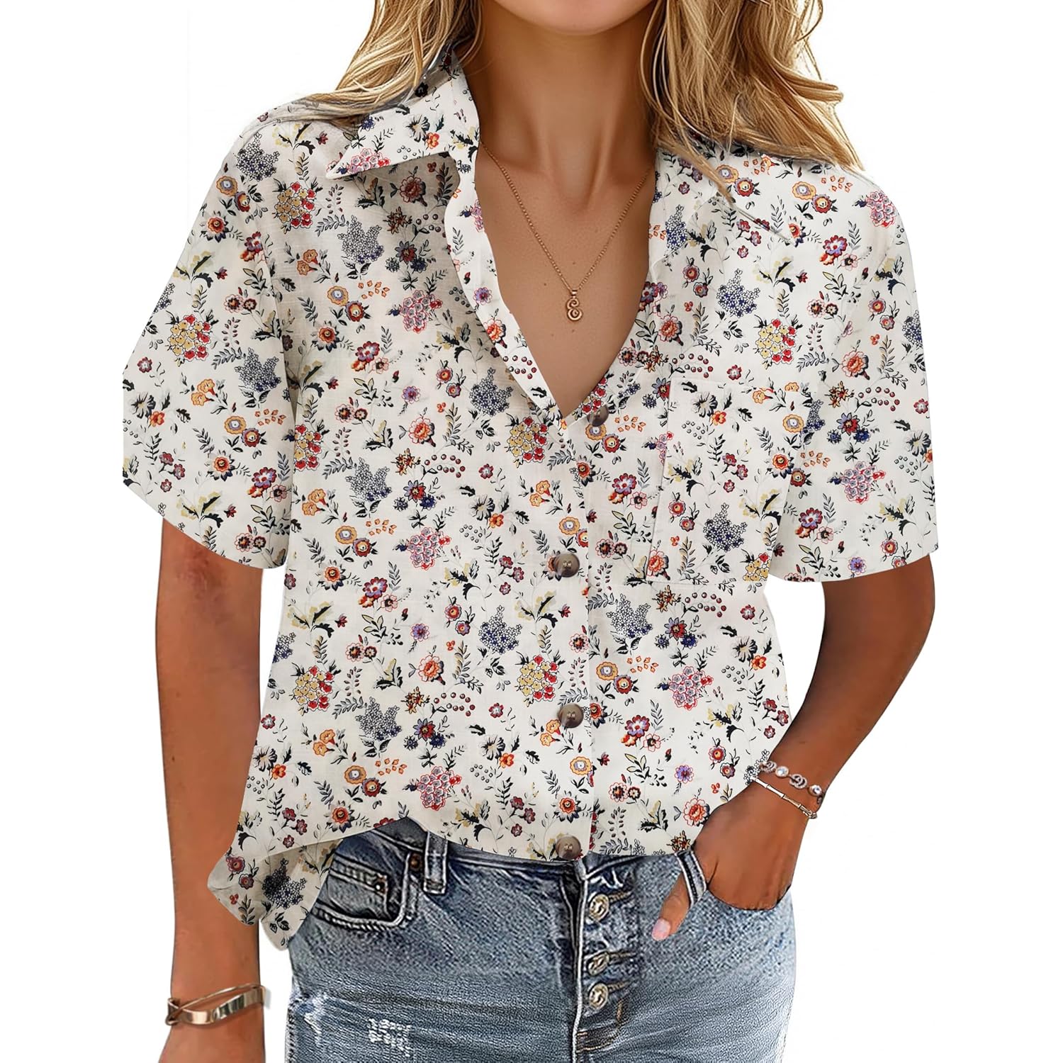 Cotton Linen Button Down Shirt for Women V Neck Collared Blouse Casual Short Sleeve Tops with Pocket