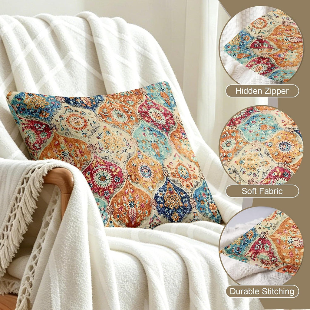 Boho Throw Pillow Covers 18X18 Inch Set Of 2,Soft Pillowcases Bohemia Carpet Printing Pattern Decorative Sofa Living Room Bed Square Pillow Case Cushion Cover-Cream Color