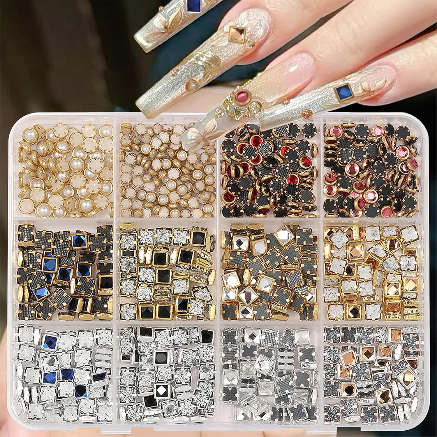 Luxury 3D Nail Charms Rhinestones Metal Jewelry Nail Decoration Colorful Shiny Diamonds Nail Gems Vintage Pendants Nail Supplies for DIY Studs Nail Decor 12 Grids