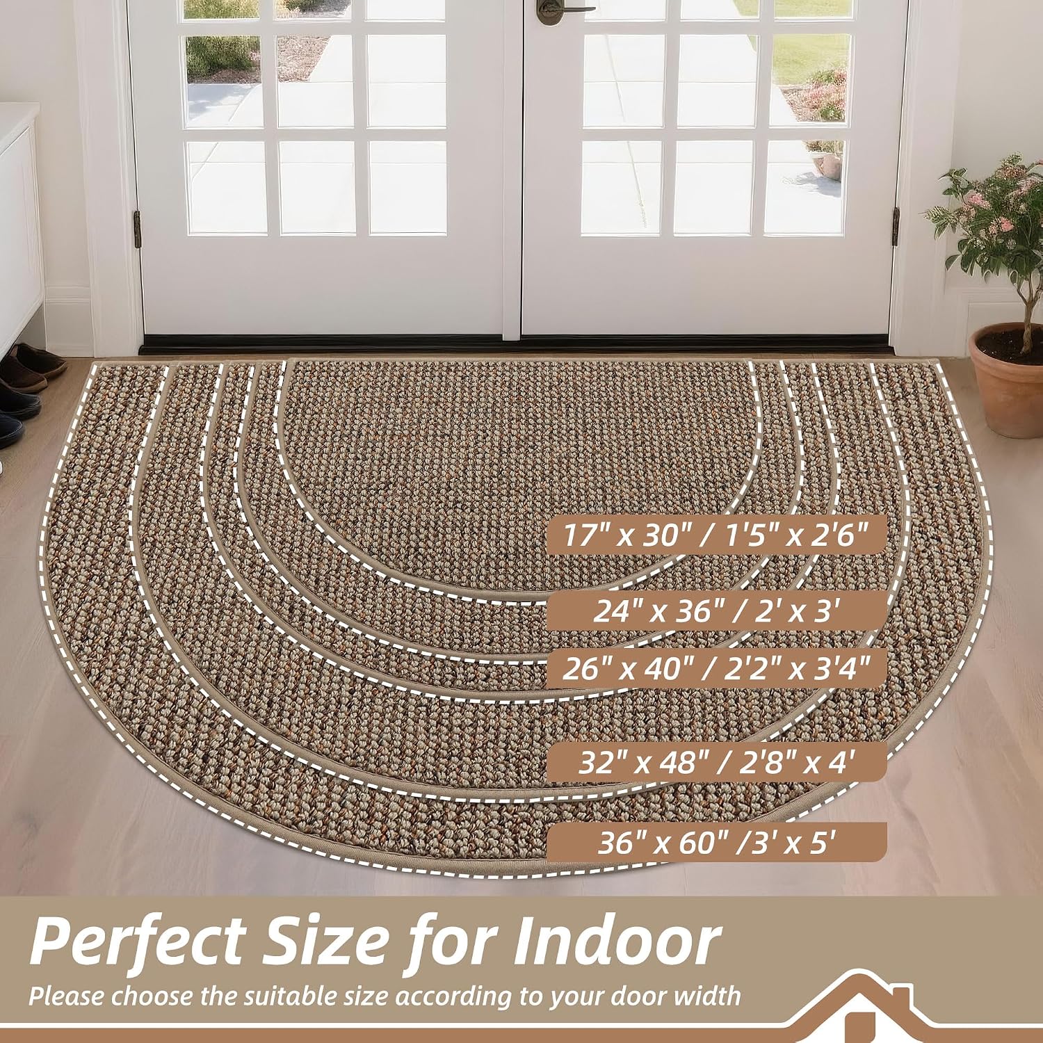 Beqhause Dirt Trapper Door Mat 17" X 30" Half Circle Non Slip Rug, Taupe | Washable Indoor Door Mat, Absorbent Doormats Entrance, Low Profile Welcome Floor Mat For Front Back Door, Small Rugs Entryway