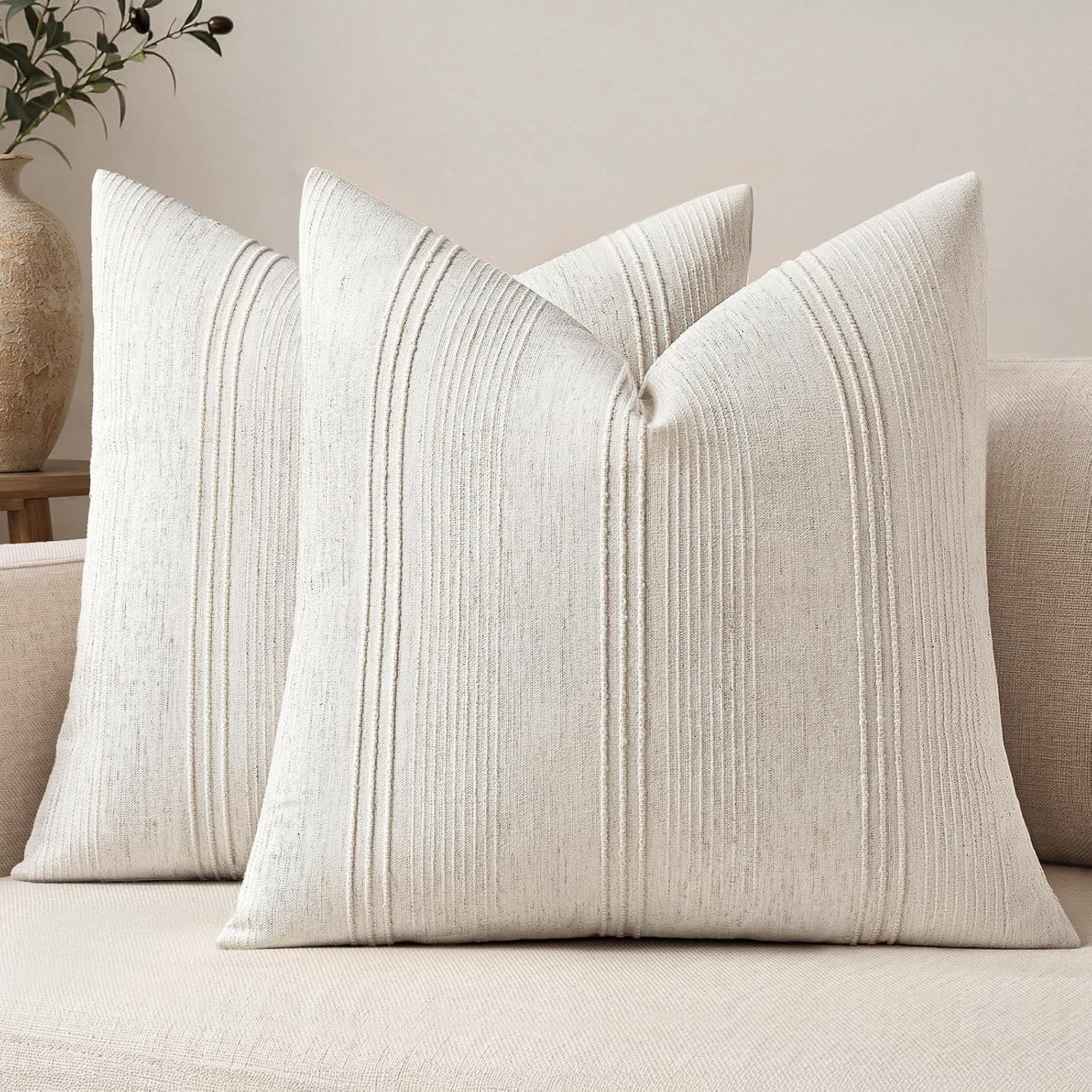 Miulee Striped Throw Pillow Covers 20X20 Decorative Textured Pillow Covers Pack Of 2 Linen Cushion Cases For Couch Bed Sofa Livingroom Farmhouse Home Decor, Natural Beige