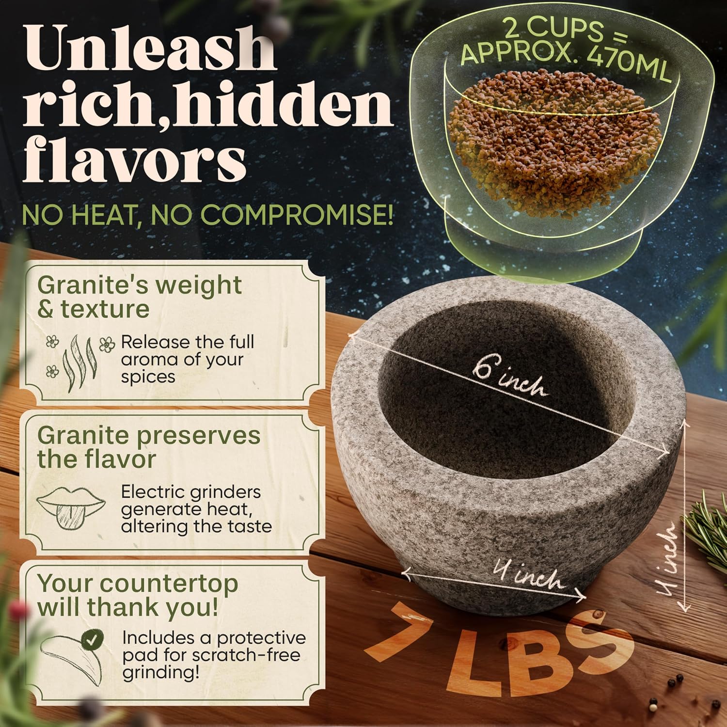 Chefsofi Mortar And Pestle Set - 6 Inch - 2 Cup Capacity - Unpolished Heavy Granite For Enhanced Performance And Organic Appearance - Included: Anti-Scratch Protector