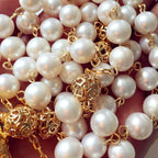 Elegangtmedical handmade White Real Pearl Rose Beads Catholic Rosary Gold Cross Necklace Supper Box