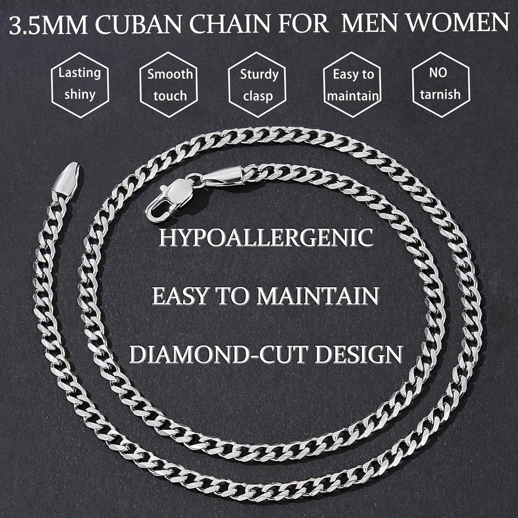 Fiusem 3.5mm Cuban Link Chains for Men, Silver Tone/Black/14K Gold Plated Stainless Steel Necklace Chain, Mens Necklace 16, 18, 20, 22, 24, 26, 28 Inch