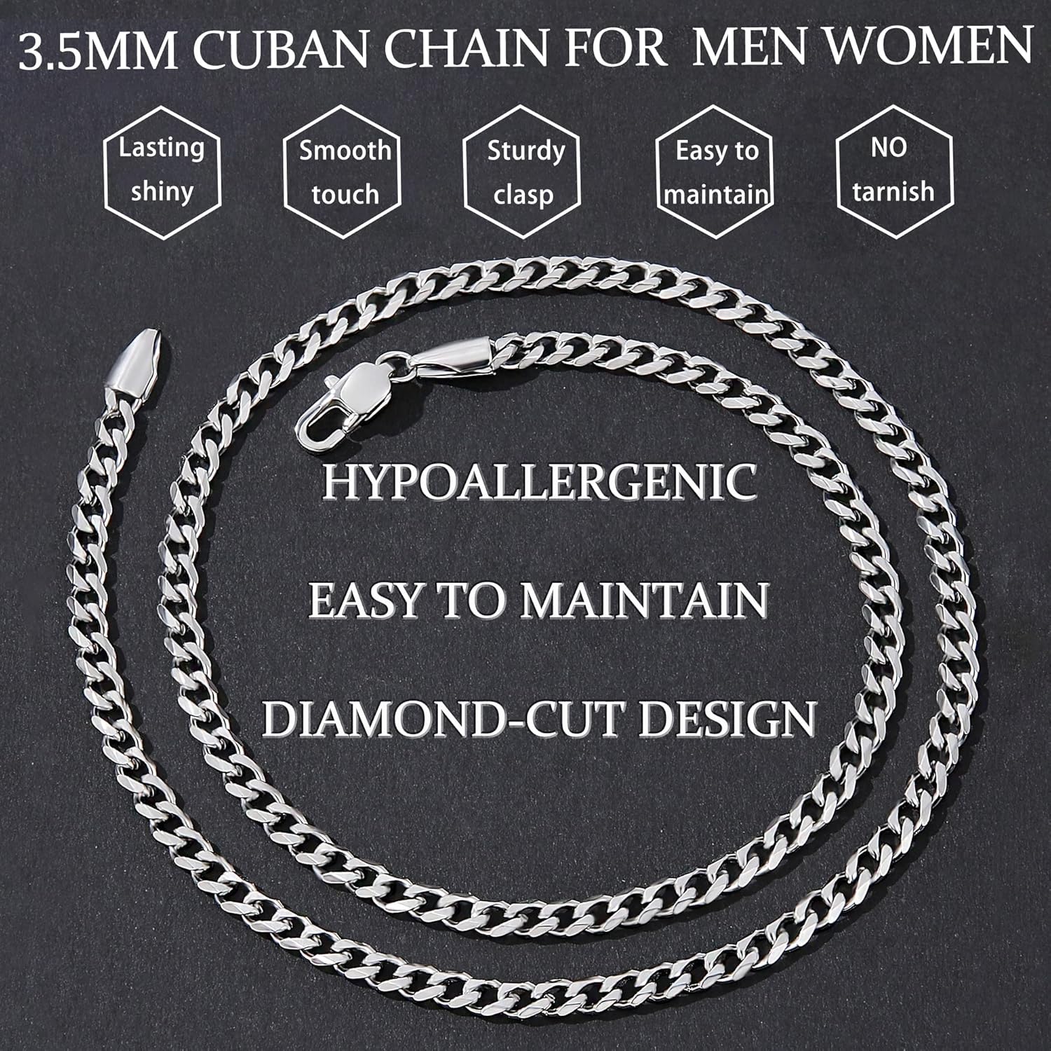 Fiusem 3.5mm Cuban Link Chains for Men, Silver Tone/Black/14K Gold Plated Stainless Steel Necklace Chain, Mens Necklace 16, 18, 20, 22, 24, 26, 28 Inch