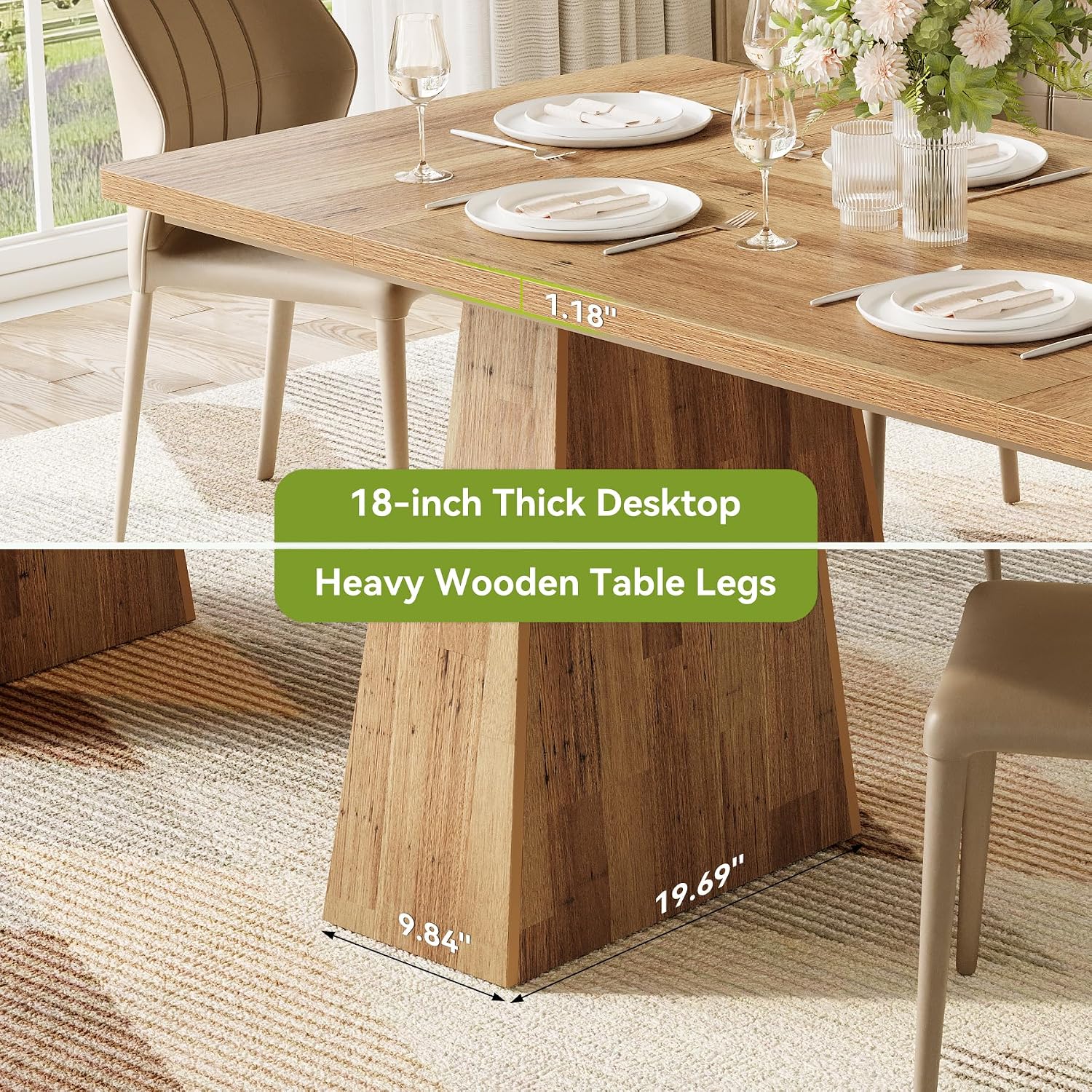 Little Tree Dining Table For 6 People, Wooden Dining Table, Rectangle Table With Heavy Duty Legs, Modern Dining Table For Kitchen, Dining Room, Light Brown