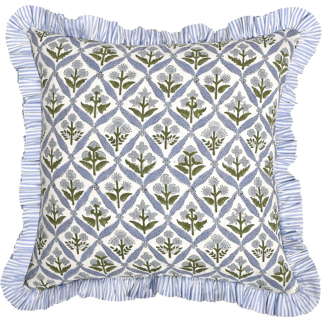 Block Print Light Steel Blue Throw Pillow Cover 18" X 18" (Pack Of 2) Decorative Cushion Covers With Ruffle For Couch, Sofa, Bed, Living Room, Home Decor Gift For Spring, Easter, Valentine