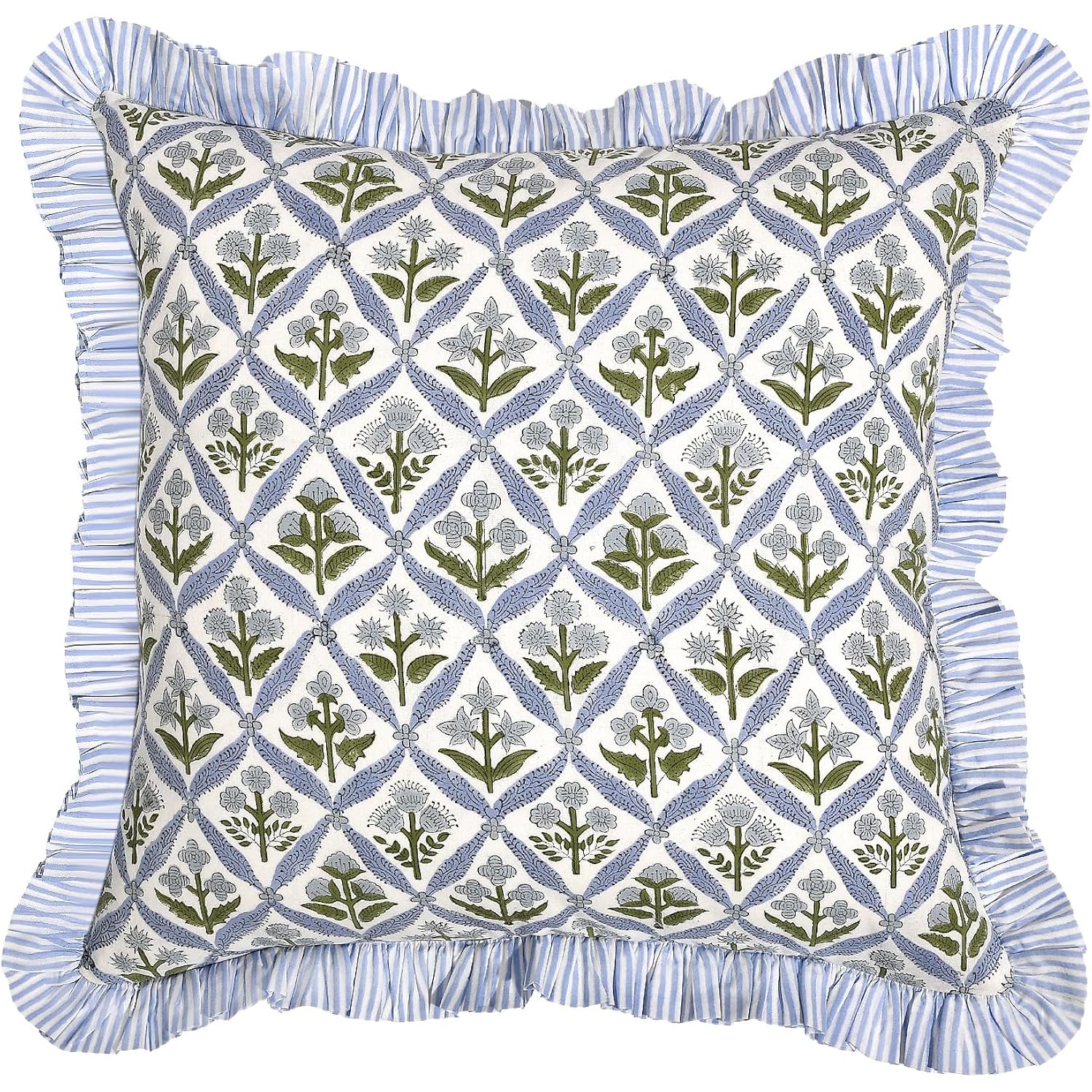Block Print Light Steel Blue Throw Pillow Cover 18" X 18" (Pack Of 2) Decorative Cushion Covers With Ruffle For Couch, Sofa, Bed, Living Room, Home Decor Gift For Spring, Easter, Valentine