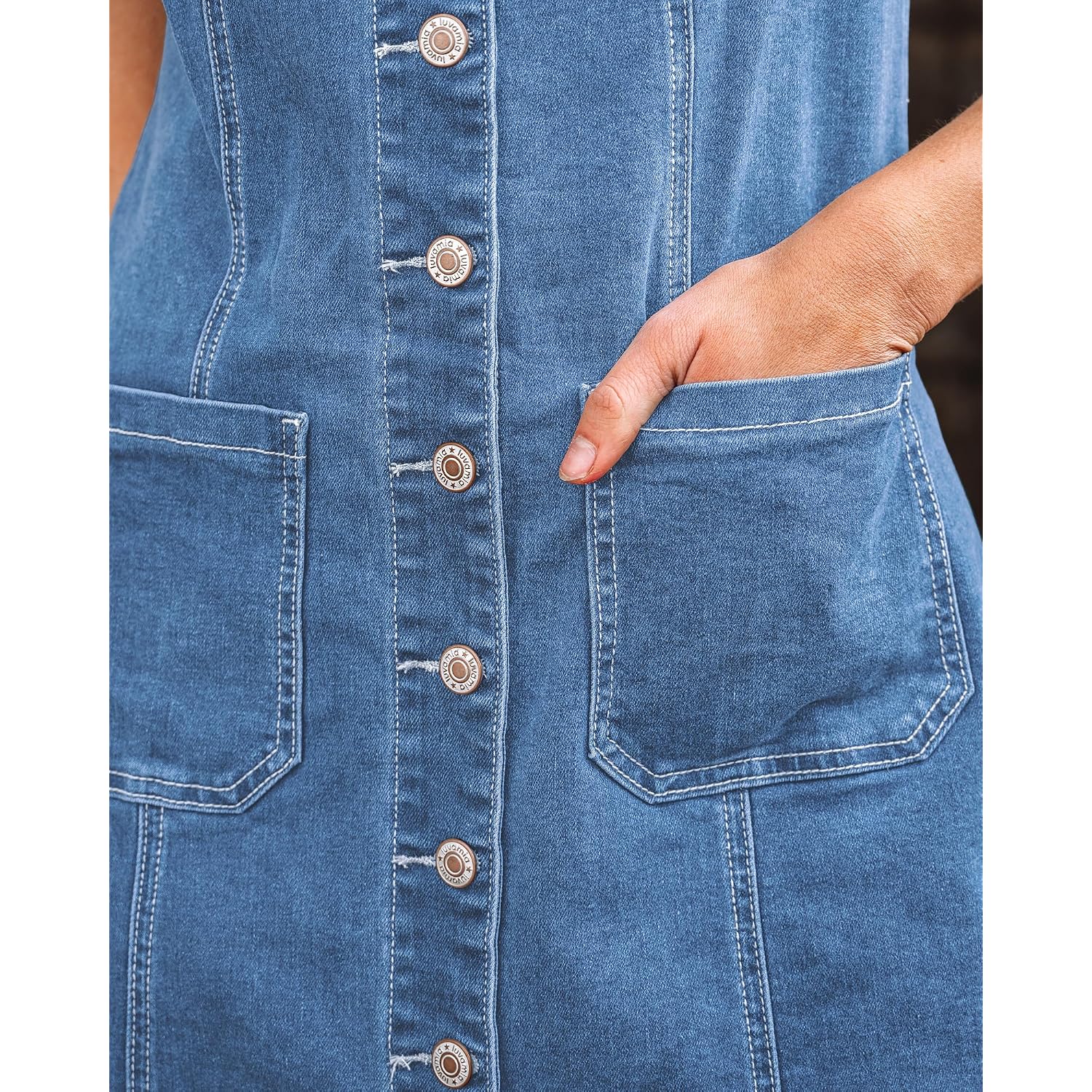 Luvamia Denim Dresses For Women Sleeveless Stretchy Jean Summer Casual Western Short Button Down Dress With Patch Pocket