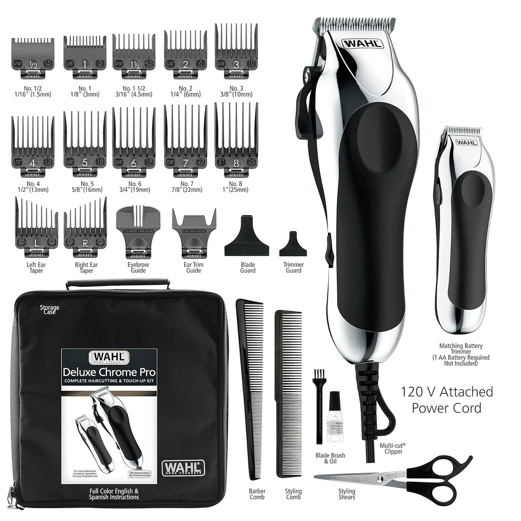 Wahl Clipper USA Deluxe Corded Chrome Pro, Complete Hair and Trimming Kit, Includes Corded Clipper, Cordless Battery Trimmer, and Styling Shears, for a Cut Every Time - Model 3029682