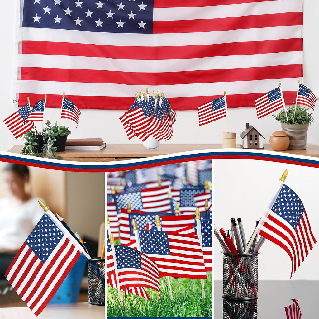 12 Pcs Small American Flags On Stick, 6X4 In 4Th Of July Decorations, Mini 250 Anniversary Usa Flag, Fourth Of July American Handheld Flags For Veterans Day Memorial Day Supplies