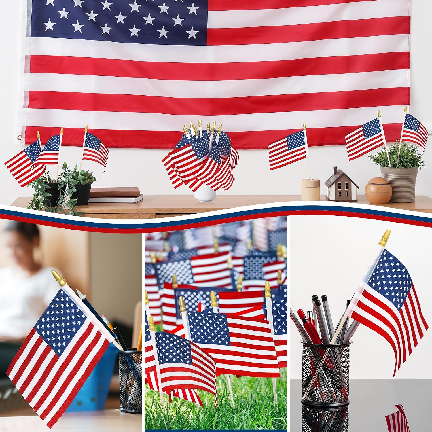 12 Pcs Small American Flags On Stick, 6X4 In 4Th Of July Decorations, Mini 250 Anniversary Usa Flag, Fourth Of July American Handheld Flags For Veterans Day Memorial Day Supplies
