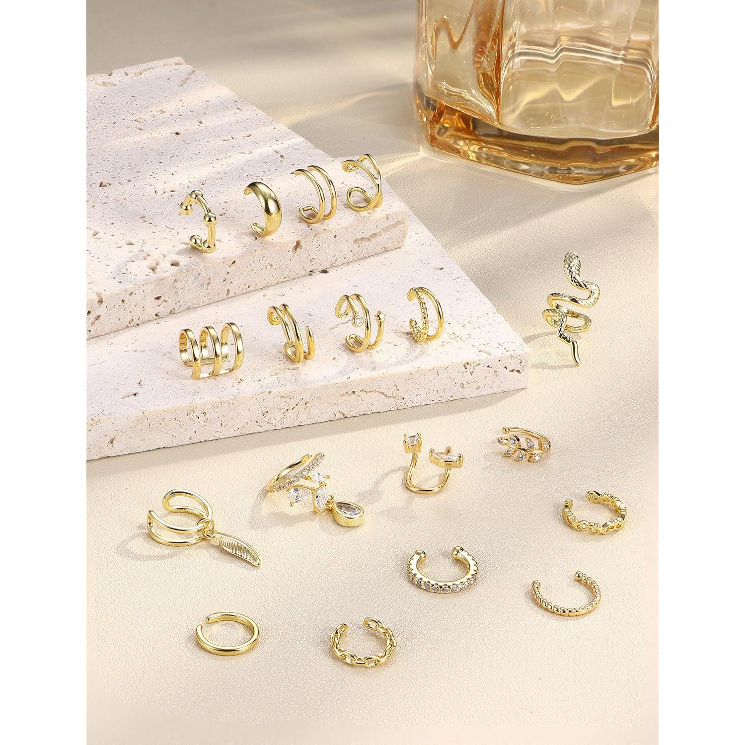 18 Pcs Ear Cuff Earrings for Women 14K Gold Plated Ear Cuffs Non Piercing Adjustable Ear Cuff Earring Clip On Cartilage Helix Wrap Ear Jewelry Set