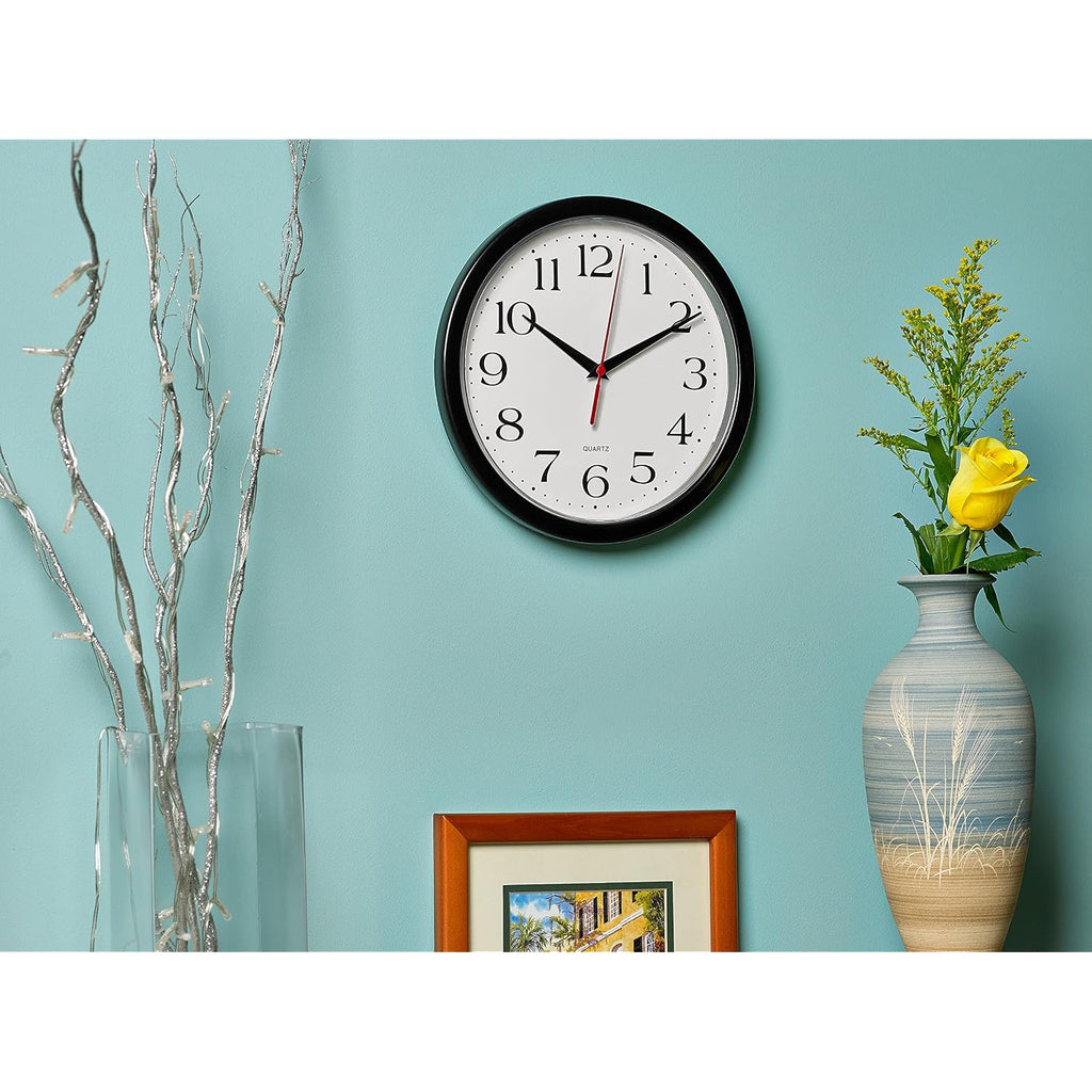 Bernhard Products Black Wall Clock Silent Non Ticking 10 Inch Quality Quartz Battery Operated Round Easy To Read Home/Office/Kitchen/Classroom/School Clock Sweep Movement